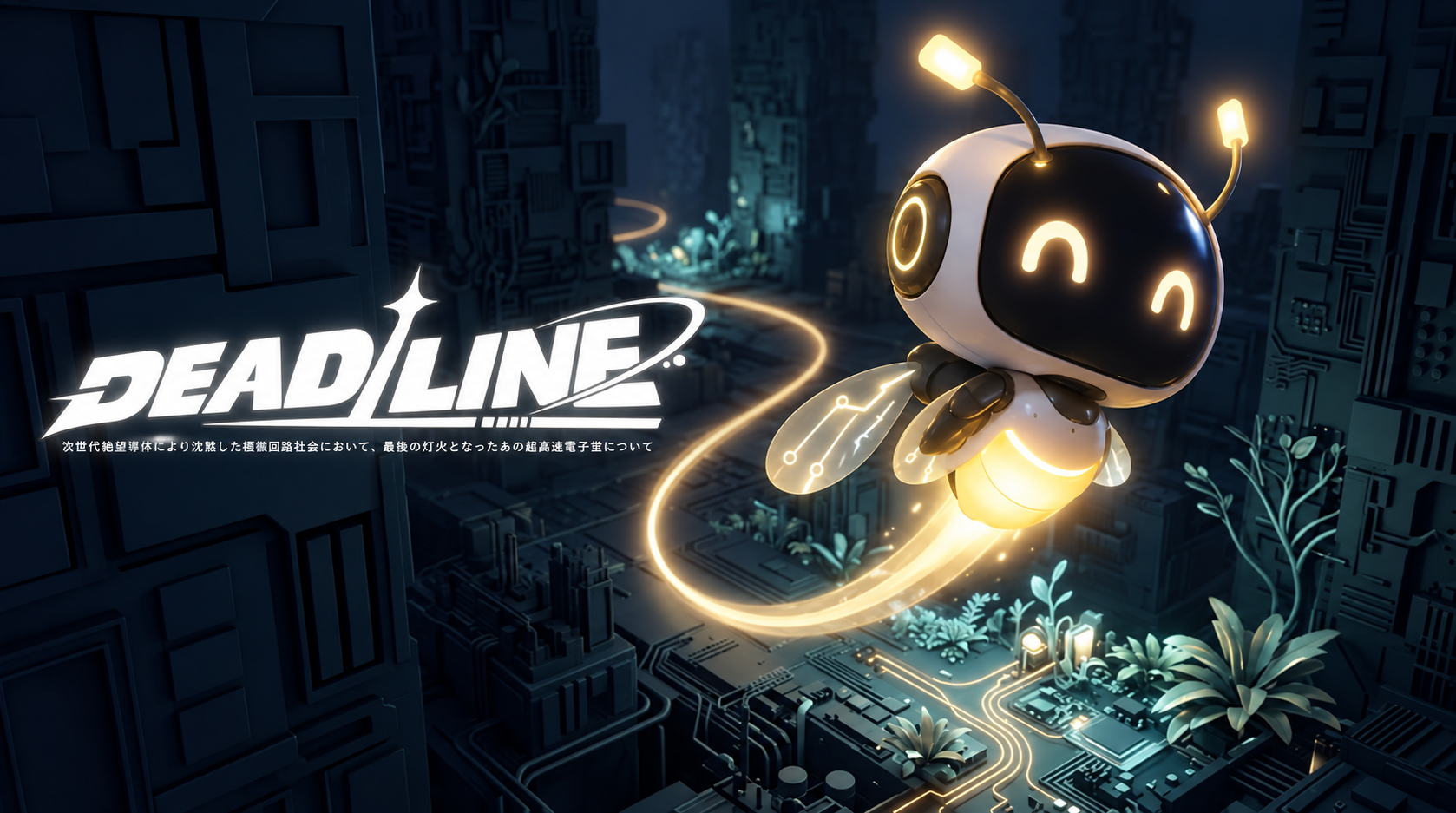 DEAD/LINE正式ロゴと日本語サブタイトル、黄金に光るPicoと電子都市